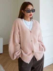 DAZY Drop Shoulder Fluffy Knit Cardigan - Pink - View 6