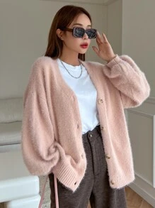 DAZY Drop Shoulder Fluffy Knit Cardigan - Pink - View 7