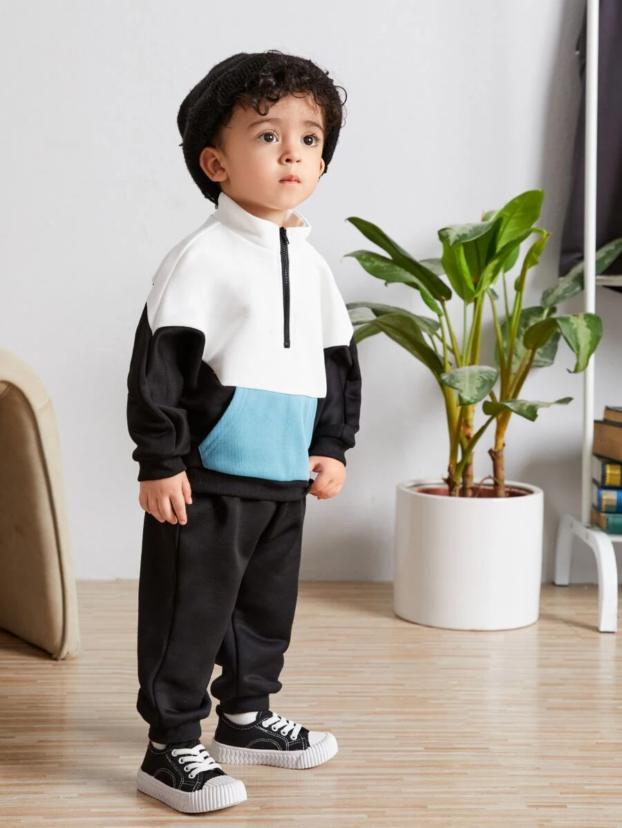 SHEIN Đứa bé trai Khối màu Một nửa khóa kéo Thả vai Áo len & Quần nỉ - Nhiều màu - Xem 1