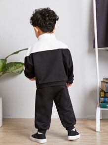 SHEIN Đứa bé trai Khối màu Một nửa khóa kéo Thả vai Áo len & Quần nỉ - Nhiều màu - Xem 2