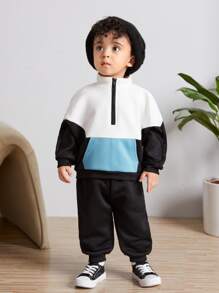 SHEIN Đứa bé trai Khối màu Một nửa khóa kéo Thả vai Áo len & Quần nỉ - Nhiều màu - Xem 3