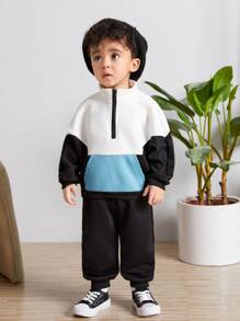 SHEIN Đứa bé trai Khối màu Một nửa khóa kéo Thả vai Áo len & Quần nỉ - Nhiều màu - Xem 4