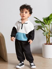 SHEIN Đứa bé trai Khối màu Một nửa khóa kéo Thả vai Áo len & Quần nỉ - Nhiều màu - Xem 6