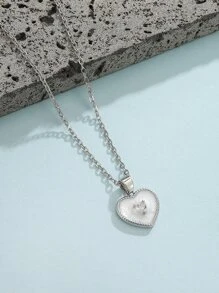 Rhinestone Decor Heart Charm Necklace - Silver - View 1