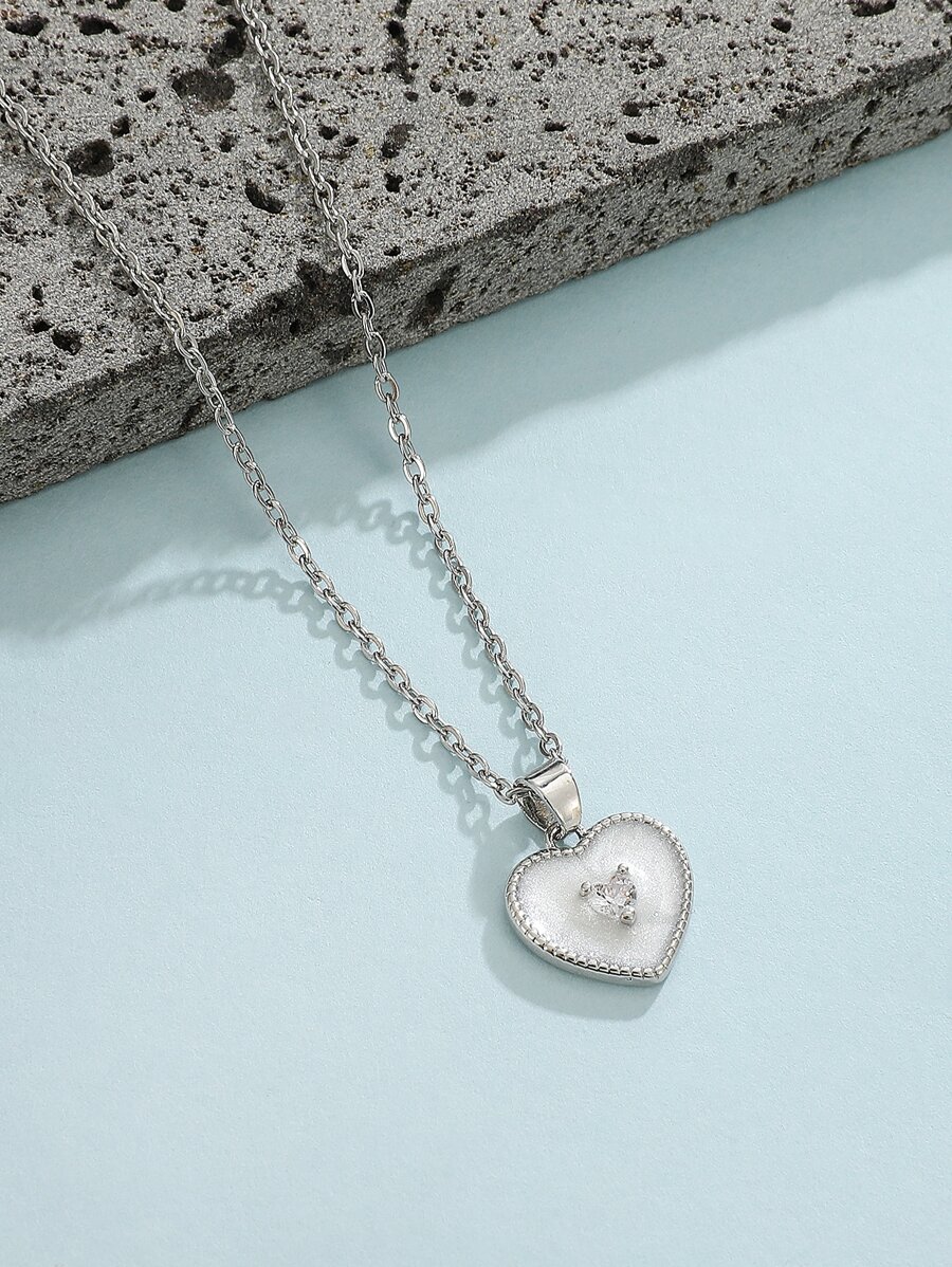 Rhinestone Decor Heart Charm Necklace - Silver - View 1