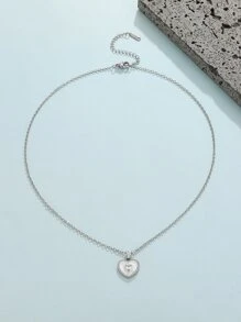 Rhinestone Decor Heart Charm Necklace - Silver - View 5