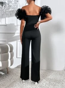SHEIN Privé Off Shoulder Contrast Mesh Ruffle Trim Jumpsuit - Black - View 2