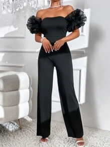 SHEIN Privé Off Shoulder Contrast Mesh Ruffle Trim Jumpsuit - Black - View 5