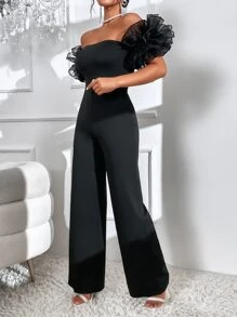 SHEIN Privé Off Shoulder Contrast Mesh Ruffle Trim Jumpsuit - Black - View 6