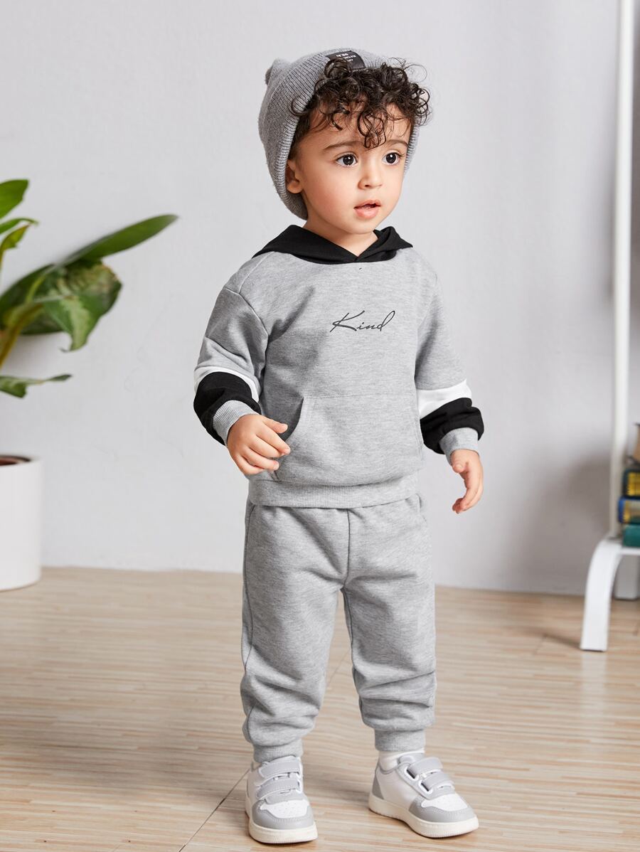 SHEIN 男嬰字母圖案袋鼠口袋連帽衫和運動褲 - 淺灰色 - 查看 1