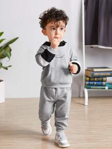 SHEIN 男嬰字母圖案袋鼠口袋連帽衫和運動褲 - 淺灰色 - 查看 7