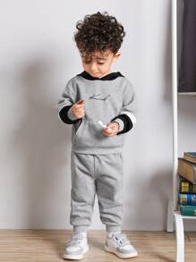 SHEIN 男嬰字母圖案袋鼠口袋連帽衫和運動褲 - 淺灰色 - 查看 5