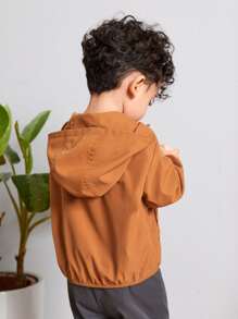 SHEIN 男嬰補丁細節半拉鏈連帽夾克 - 棕色 - 查看 2