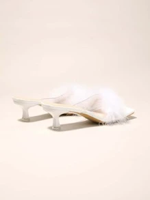 Phụ nữ Fluffy Decor Stiletto Gót Mule Sandals, Glamour Party Gót Sandals - trắng - Xem 3