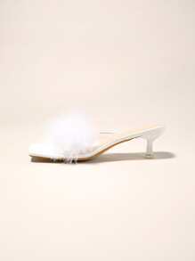 Phụ nữ Fluffy Decor Stiletto Gót Mule Sandals, Glamour Party Gót Sandals - trắng - Xem 4