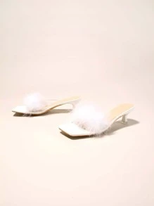 Phụ nữ Fluffy Decor Stiletto Gót Mule Sandals, Glamour Party Gót Sandals - trắng - Xem 5