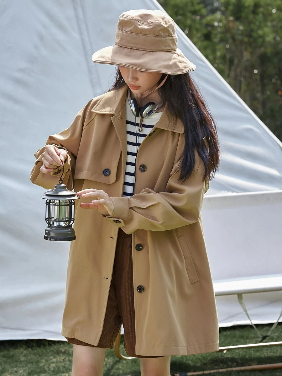 DAZY Abrigo de trinchera con mangas raglán y bolsillos en diagonal, para otoño e invierno - Caqui - Ver 1