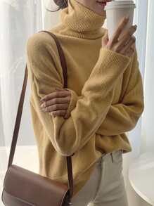 DAZY Turtle Neck Drop Shoulder High Low Hem Jumper - Yellow - View 1