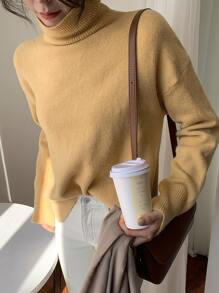 DAZY Turtle Neck Drop Shoulder High Low Hem Jumper - Yellow - View 4