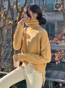 DAZY Turtle Neck Drop Shoulder High Low Hem Jumper - Yellow - View 7