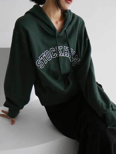 Letter Graphic Drop Shoulder Drawstring Hoodie,Fall Clothes