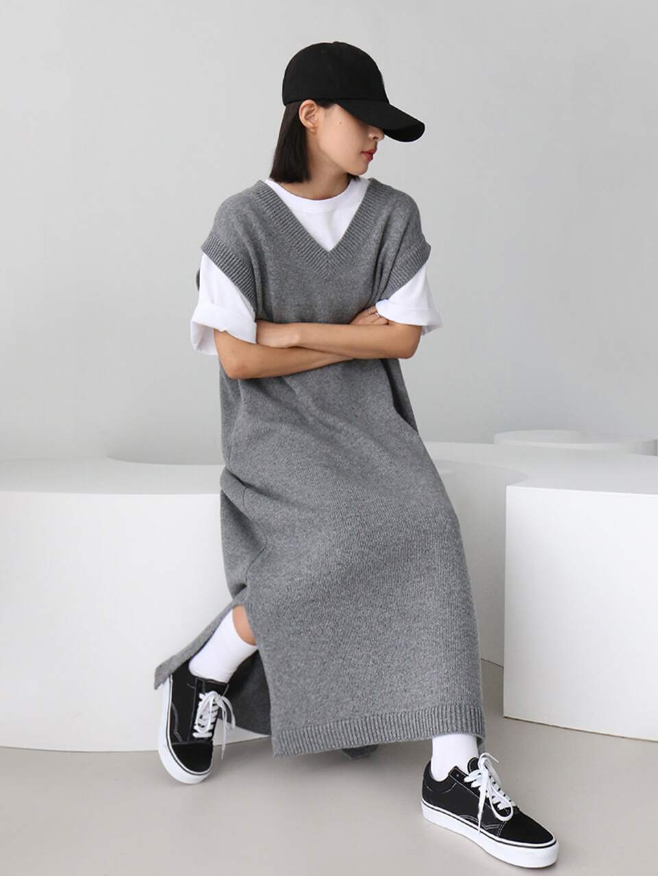 Solid Slit Hem Sweater Dress Without Tee