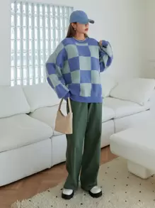 DAZY 方格圖案落肩袖套頭毛衣 - 彩色 - 查看 3