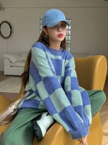 DAZY 方格圖案落肩袖套頭毛衣 - 彩色 - 查看 4