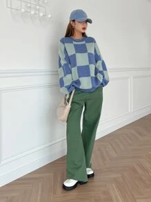 DAZY 方格圖案落肩袖套頭毛衣 - 彩色 - 查看 6