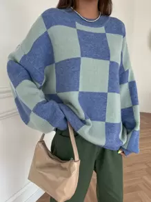 DAZY 方格圖案落肩袖套頭毛衣 - 彩色 - 查看 8
