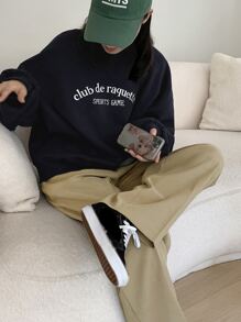 DAZY Áo chui đầu Oversized Đồ họa Chữ cái Thả vai - Màu xanh hải quân - Xem 1