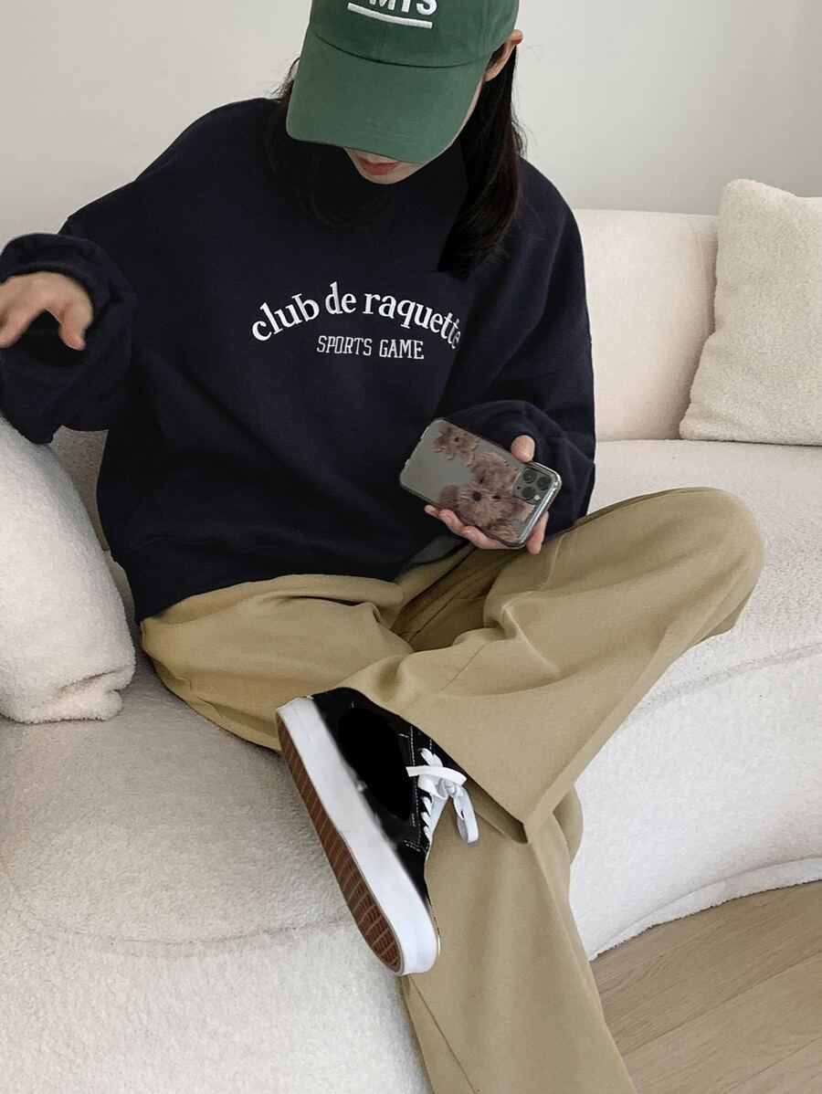 DAZY Áo chui đầu Oversized Đồ họa Chữ cái Thả vai - Màu xanh hải quân - Xem 1