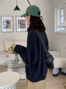 DAZY Áo chui đầu Oversized Đồ họa Chữ cái Thả vai - Màu xanh hải quân - Xem 2
