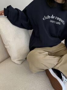 DAZY Áo chui đầu Oversized Đồ họa Chữ cái Thả vai - Màu xanh hải quân - Xem 3