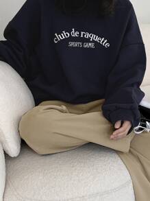 DAZY Áo chui đầu Oversized Đồ họa Chữ cái Thả vai - Màu xanh hải quân - Xem 4