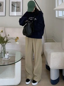 DAZY Áo chui đầu Oversized Đồ họa Chữ cái Thả vai - Màu xanh hải quân - Xem 6