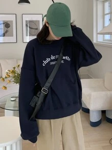DAZY Áo chui đầu Oversized Đồ họa Chữ cái Thả vai - Màu xanh hải quân - Xem 7