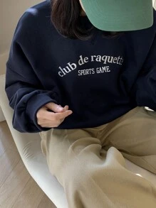 DAZY Áo chui đầu Oversized Đồ họa Chữ cái Thả vai - Màu xanh hải quân - Xem 8