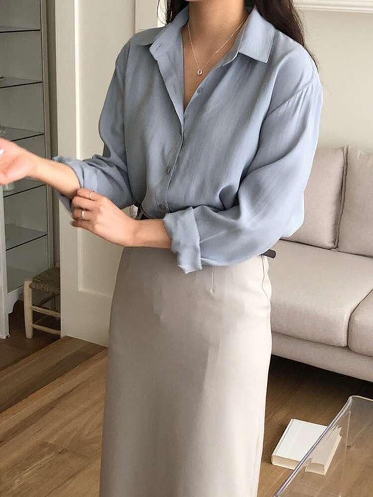 DAZY Solid Drop Shoulder Oversized Shirt,Long Sleeve Tops,Fall Clothes - Dusty Blue - View 5