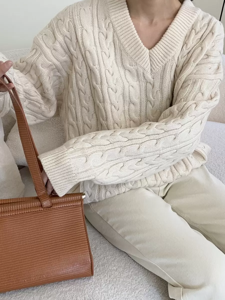 DAZY Cable Knit Drop Shoulder Jumper - Apricot - View 1