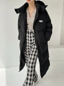 DAZY Letter Patched Drop Shoulder Slant Pockets Hooded Puffer Thick Pockets Coat ,Winter Women Clothes,Winter Coat Women - Black - View 3