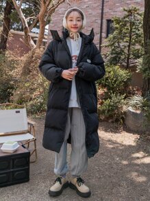 DAZY Letter Patched Drop Shoulder Slant Pockets Hooded Puffer Thick Pockets Coat ,Winter Women Clothes,Winter Coat Women - Black - View 9