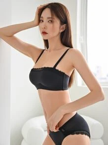 DAZY Contrast Lace Strappy Back Lingerie Set - Black - View 6