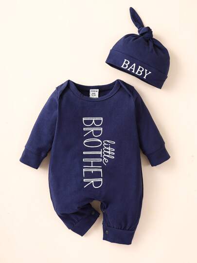 SHEIN Newborn Baby Boy Letter Graphic Jumpsuit & Accessory Hat