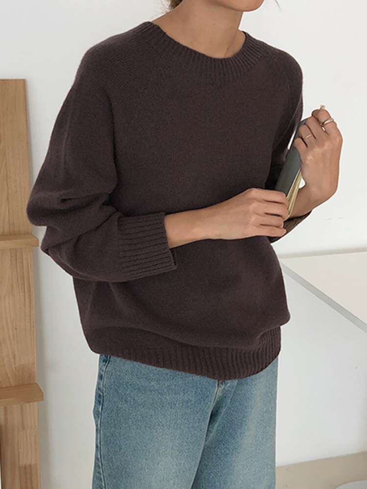 DAZY 纯色插肩袖毛衣、长袖上衣、秋装 - 咖啡棕 - 查看 1