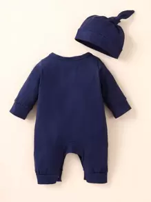 SHEIN Bé trai sơ sinh Đồ họa Chữ cái Áo liền quần & Phụ kiện Mũ - Màu xanh hải quân - Xem 2