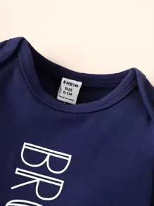 SHEIN Bé trai sơ sinh Đồ họa Chữ cái Áo liền quần & Phụ kiện Mũ - Màu xanh hải quân - Xem 3