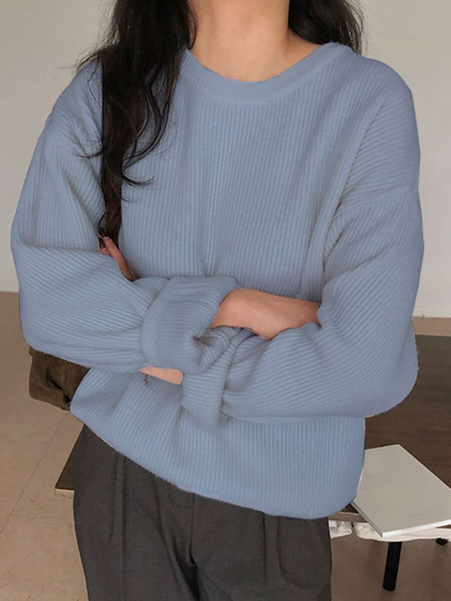 DAZY Ribbed Knit Drop Shoulder Jumper - Dusty Blue - View 1