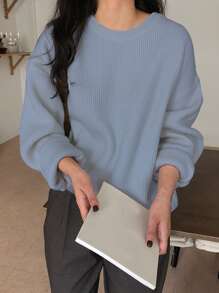 DAZY Ribbed Knit Drop Shoulder Jumper - Dusty Blue - View 3