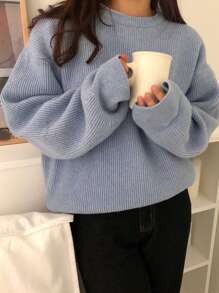 DAZY Ribbed Knit Drop Shoulder Jumper - Dusty Blue - View 4